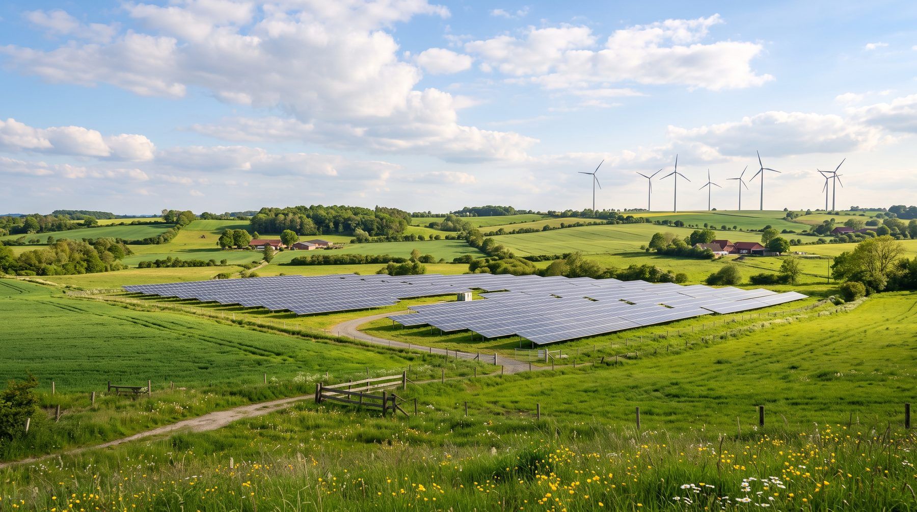 Solarpark und Windräder in grüner Landschaft
