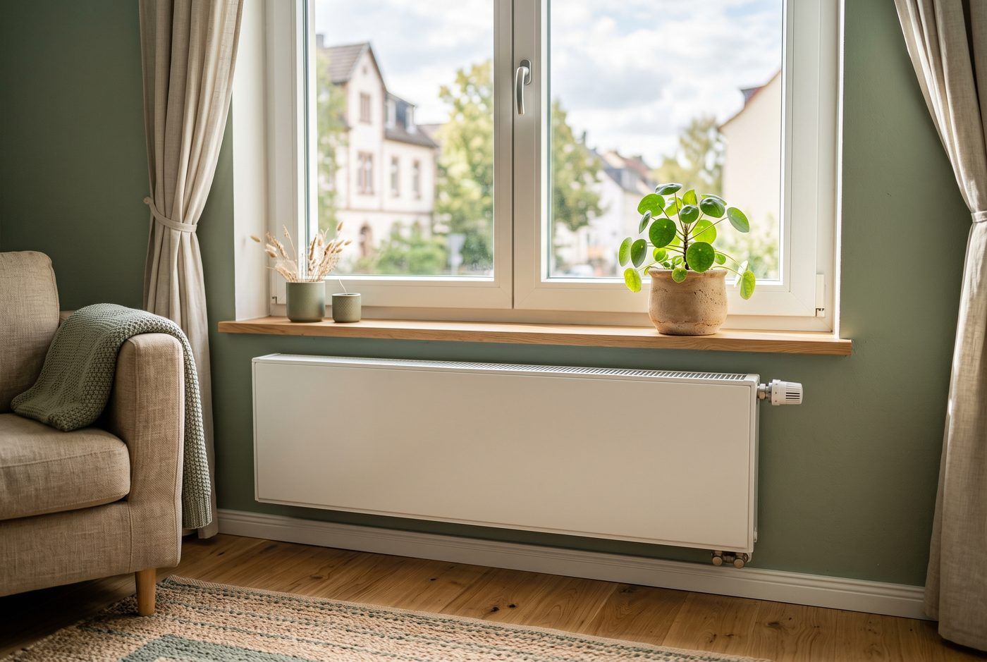 Heizkörper unter einem Fenster, Pflanze auf der Fensterbank