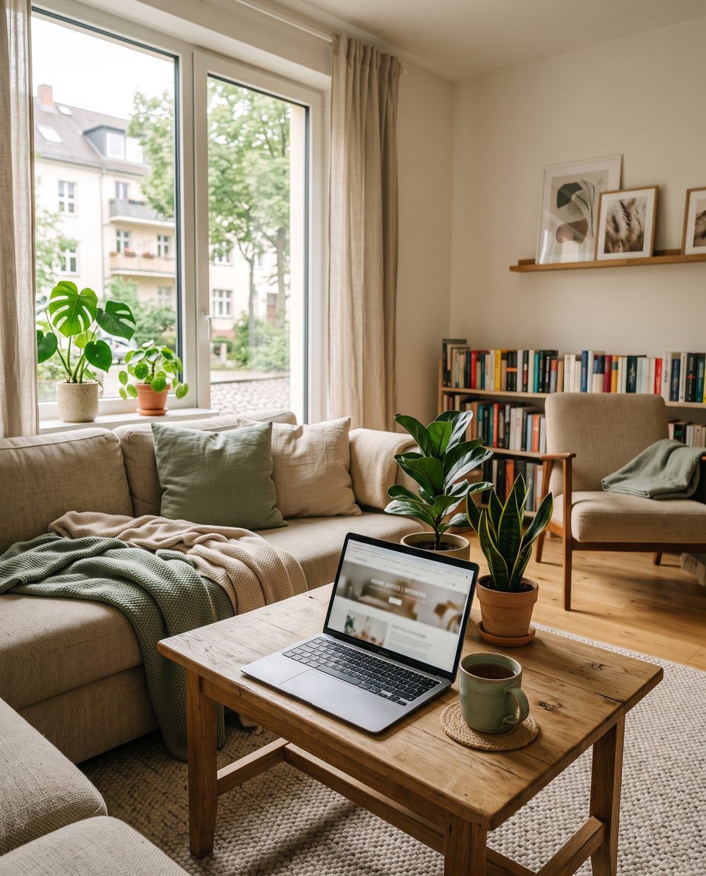 Helles Wohnzimmer mit Pflanzen und Laptop